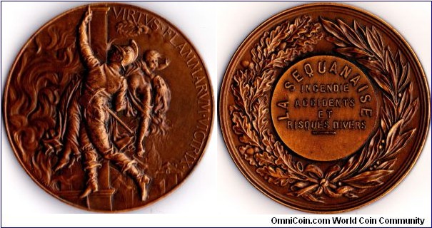 copper medal struck for La sequanaise, one of France's assurance companies covering fire risks
