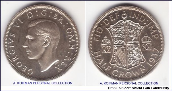 KM-856, 1937 Great Britain half crown; proof, silver, reeded edge; pleasant surfaces, very light toning on obverse, slight cameo effect as well on obverse