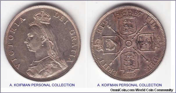 KM-762, 1887 Great Britain florin; silver, reeded edge; somewhat prooflike fields, especially on reverse that the scan could not capture, overall high grade some contact marks, I'll say about uncirculated.