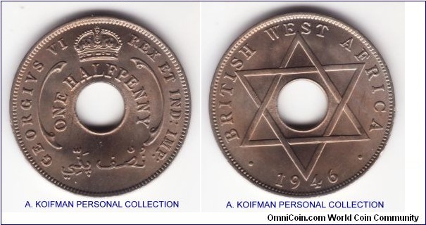 KM-18, 1946 British West Africa half penny, Royal mint (no mint mark); copper nickel, plain edge; brilliant uncirculated