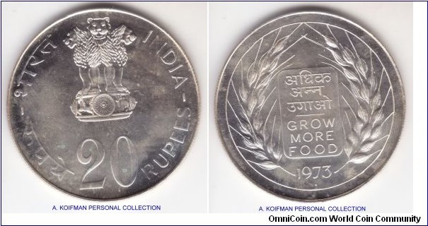 KM-240, 1973 India 20 rupees, Bombay mint (dot on reverse under the date); silver, reedeed edge; this is what commonly referred to as proof like specimen as they were issued mostly in the FAO sets, it is toned and reflective on the scan, giving the coat of arms on obverse a somewhat frosted look, pleasant looking but not perfect, mintage 64,000.
