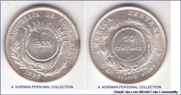 CR23A
KM-159, 1923 Costa Rica 50 centimos counterstamped over 1893 Heaton 25 centavos; silver, reeded edge; except for some toning around the edge on obverse, very nice uncirculated specimen.
