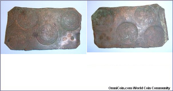 These are several trial
strikes of Swedish i Riksdaler on a copper plate from the Bernadotte era
Corroded, second known!