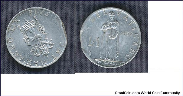 Vatican state 1 Lire
1957, straight egde clip