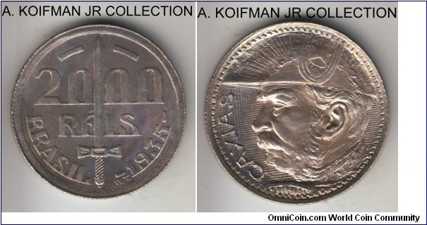 KM-535, 1935 Brazil 2000 reis; silver, reeded edge; Duke of Caxias circulation commemorative, 1-year type, nice uncirculated coin, reverse looks better.