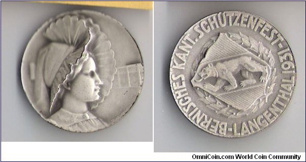 Swiss Shooting Fest Bernisches Kant Schutzenfest Langenthal by Huguenin, Silver 33MM. 
