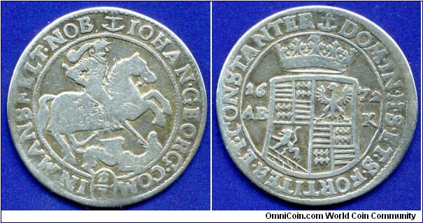 1/3 Thaler.
Mansfeld-Eisleben.
Iohann Georg III (1663-1710).
Mintmaster Anton Bernhard Koburger work on Eisleben mint in 1667-80.

Ag873f. 9,61gr.