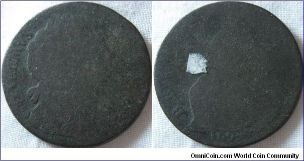 1694 william and mary halfpenny clear date but heavily worn