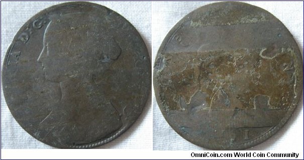 1861 penny obv 4 ruined by residue on reverse