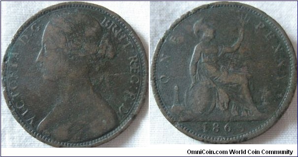 1863 penny, pitted but good detail, weak strike on the 3 and possible planchet damage