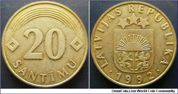 Latvia 1992 20 santimu. Struck on regular planchet. 