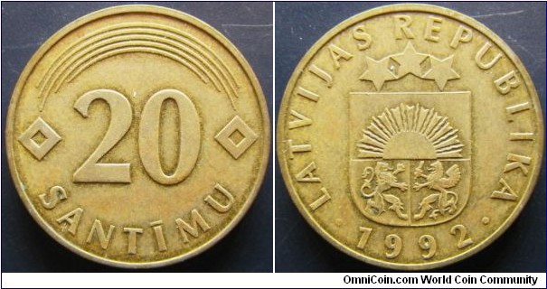 Latvia 1992 20 santimu struck on German 10 pfennig planchet - plated steel. Scarce! 