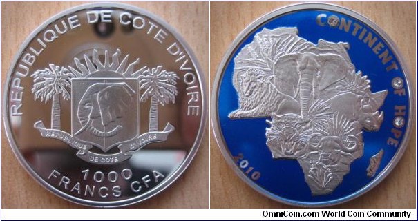 1000 Francs CFA - Continent of hope - 25 g Ag .925 Proof (with 3 Swarovski crystals) - mintage 2,500