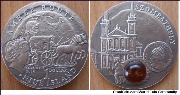 1 Dollar - Amber route - Szombathely - 28.28 g Ag .925 oxidized (with piece of amber) - mintage 10,000