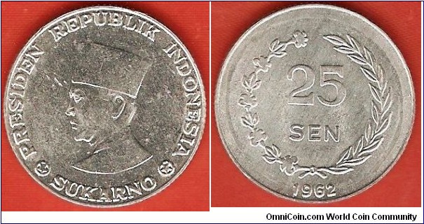 issued for Irian Barat : 25 sen in aluminum.
Obverse: head of President Sukarno