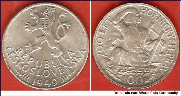 Issued by Czechoslovakia
100 Korun in 0.500 silver for the 700th Anniversary of the Jihlava Mining Privileges.
Mintage 1.000.000