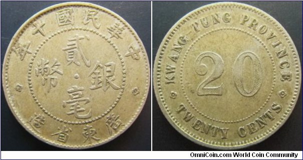 China Guangdong Province 1921 20 cents. 