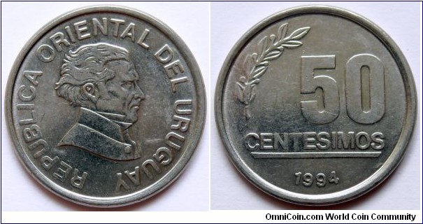 50 centesimos.
1994, Jose Gervasio Artigas (1764-1850)
Stainless steel. Weight; 3g.
Diameter; 21mm.
Mintage; 40.000.000 units.