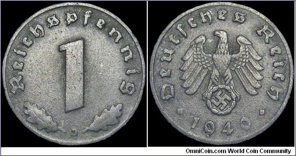 Germany - Third Reich - 1 Reichspfennig - 1940 - Weight 1,8 gr - Zinc - Size 17 mm - Alignment Medal (0°) - Führer / Adolf Hitler (1934-45) - Mint mark : D = Munich - Edge : Plain - Mintage 43 951 000 - Reference KM# 97 (1940-45)