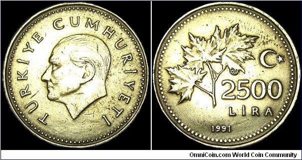 Turkey - 2500 Lira - 1991 - Weight 9,2 gr - Nickel-Bronze - Size 26,5 mm - Alignment Coin (180°) - President / Turgut Özal (1989-93) - Obverse / Head of Kemal Atatürk left - Edge lettering : TURKIYC CUMHURIYETI - Mintage 22 938 000 - Reference KM# 1015 (1991-97)