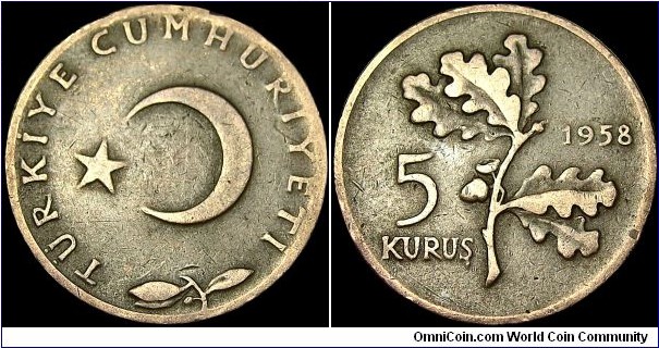 Turkey - 5 Kurus - 1958 - Weight 2,5 gr - Bronze - Size 17,15 mm - Alignment Coin (180°) - President / Celâl Bayar (1950-60) - Edge : Plain - Mintage 25 870 000 - Reference KM# 890.1 (1958-68)