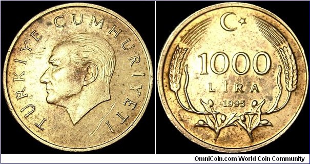 Turkey - 1000 Lira - 1995 - Weight 3,1 gr - Bronze Clad Brass - Size 17 mm - Alignment Coin (180°) - President / Süleyman Demirel (1993-2000) - Obverse / Head of Kemal Atatürk left - Edge : Reeded - Mintage 36 820 000 - Reference KM# 1028 (1995-97)