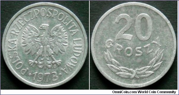 20 groszy.
1973, Aluminum.
Weight; 1g.
Diameter; 20mm.
Plain edge. Mint Warsaw. Design; A.Peter/J. Koren and A. Ham.
Mintage; 65.000.000 units.