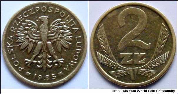 2 zlote.
1985, Brass.
Weight; 3g.
Diameter; 21mm.
Reeded edge, Mint Warsaw. Design; W. Kowalik. Mintage; 100.299.500 units.