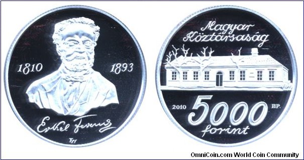 Hungary, 5000 forint, 2010, Ag, 38.61mm, 31.46g, 200th Anniversary of the Birth of Ferenc Erkel, componist of the Hungarian Anthem.