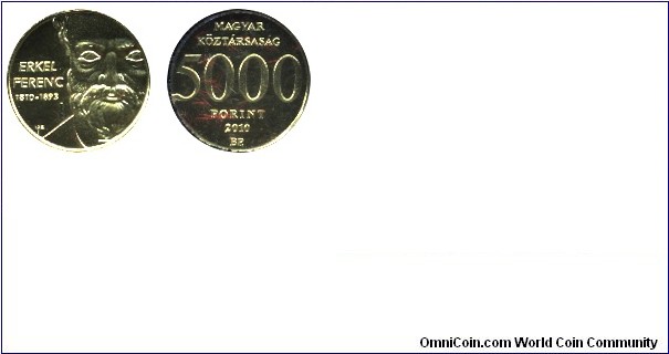 Hungary, 5000 forint, 2010, Au, 11mm, 0.5g, 200th Anniversary of the Birth of Ferenc Erkel, one of the smallest gold coins of the World.