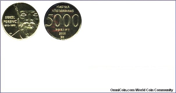 Hungary, 5000 forint, 2010, Au, 11mm, 0.5g, 200th Anniversary of the Birth of Ferenc Erkel, one of the smallest gold coins of the World.