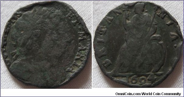 1694 farthing, would be fine but for the edge damage, however unbarred A's in britannia