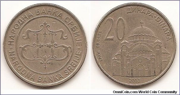 20 Dinara
KM#38
9.0000 g., Copper-Zinc-Nickel, 28 mm.   Obv: National Bank emblem within circle Rev: Temple of St. Sava and value Edge: Reeded