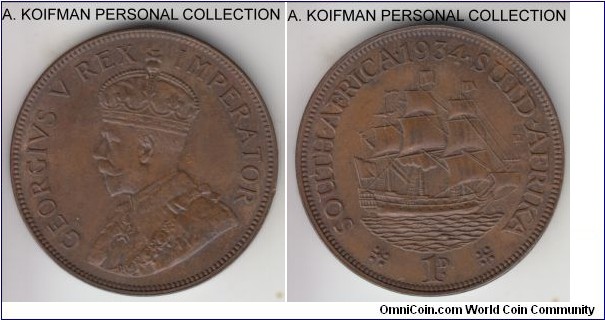 KM-14.3, 1934 South Africa (Dominion) penny; bronze, plain edge; good brown extra fine.