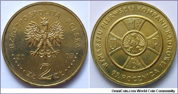 2 zlote.
2009, 95th Anniversary of First Cadre Company March out.
Metal; Nordic Gold.
Weight; 8,15g.
Diameter; 37mm.
Mintage; 1.000.000 units.