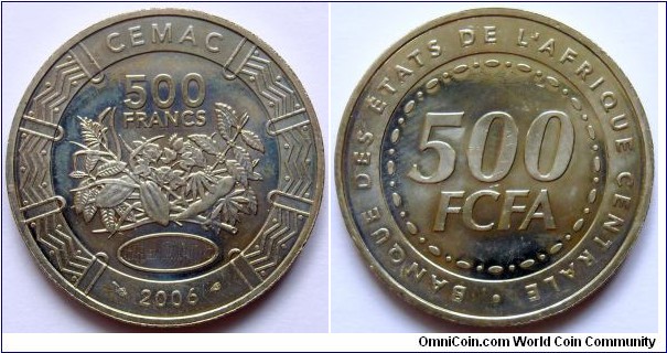 500 francs CFA.
2006, Central African States (Cameroon, Central African Republic, Chad, Republic of the Congo, Equatorial Guinea and Gabon)