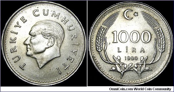 Turkey - 1000 Lira - 1990 - Weight 8,0 gr - Copper / Zinc / Nickel - Size 25,8 mm - Alignment Coin (180°) - President / Turgut Özal (1989-93) - Obverse / Head of Kemal Atatürk left - Edge : Reeded - Mintage 136 480 000 - Reference KM# 997 (1990-94)