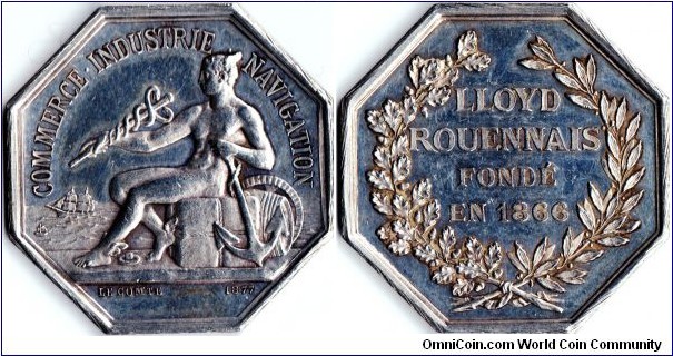 Scarce silver jeton de presence issued for the `Lloyd Rouennais', an insurance syndicate set up to provide assurance cover against maritime risks