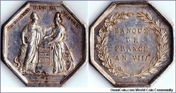 scarcer example of a Banque de France jeton de presence. This early example does not have the bow on the reverse as found on later examples. No edge marks indicate earlier than 1834 but difficult to place time wise before then.