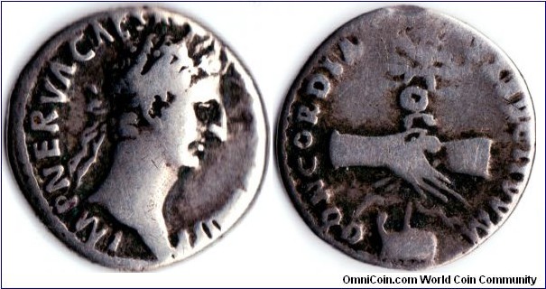 Nerva denarius circa 96 ad. Concordia Exercituum reverse