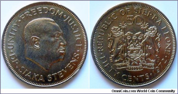 50 cents.
1972, Siaka Probyn Stevens (1905-1988)
Cu-ni. Weight; 11,50g. Diameter; 30mm. Mintage; 1.000.000 units.

