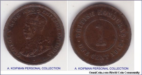 KM-15, 1912 British Honduras, Heaton mint (H mintmark); bronze, plain edge; good very fine with multiple small edge bruises, mintage 50,000, very scarce 3 year series.