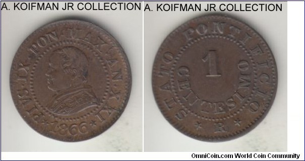 KM-1370, 1866 Papal States centesimo; copper, plain edge; XXI year of Pius IX, 3-year type, relatively common, light brown uncirculated.