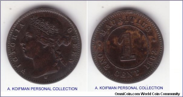 KM-7, 1882 Mauritius cent, Heaton mint (H mintmark); bronze, plain edge; dark brown about extra fine, nice but lacquered.
