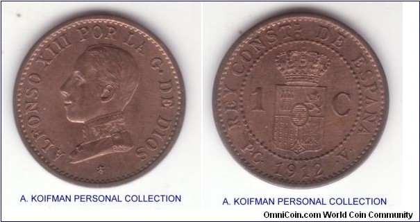 KM-731, 1912 (2) Spain (Kimgdom) centimo; bronze, plain edge; almost completely red uncirculated