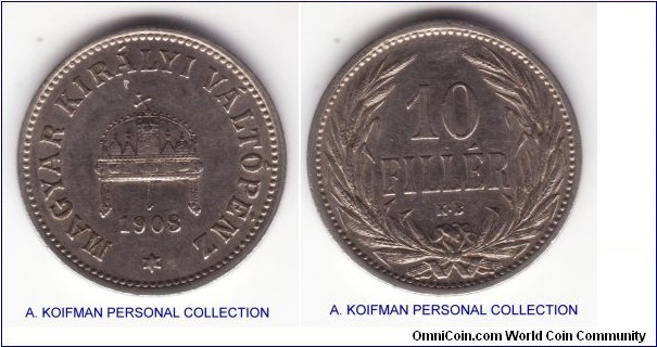 KM-482, 1908 Hungary 10 filler; nickel, reeded edge; extra fine, some of the original luster remains