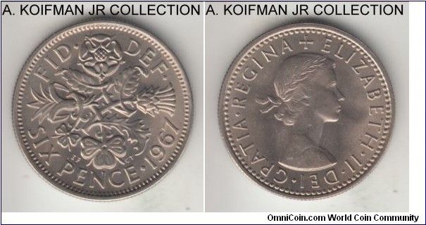 KM-903, 1967 Great Britain 6 pence; copper nickel, reeded edge; Elizabeth II, last year of circulation strike, gem uncirculated.