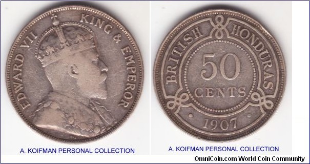 KM-13, 1907 British Honduras 50 cents; silver, reeded edge; fine small rim nick on obverse, scarce with mintage 19,000