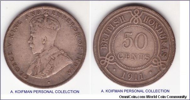 KM-18, 1911 British Honduras 50 cents; silver, reeded edge; fine, smallest of post Victoria mintage of just 12,000