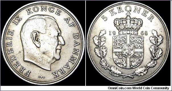 Denmark - 5 Kroner - 1968 - Weight 15 gr - Copper / Nickel - Size 33 mm - Alignment Medal (0°) - Ruler / Fredrik IX (1947-72) - Mint Official initials C = Alfred Fredrik Christiansen - Moneyers initials S = Harald Salomon - Mint mark heart = Copenhagen - Edge : Reeded - Mintage 4 131 999 - Reference KM# 853.1 (1960-71)